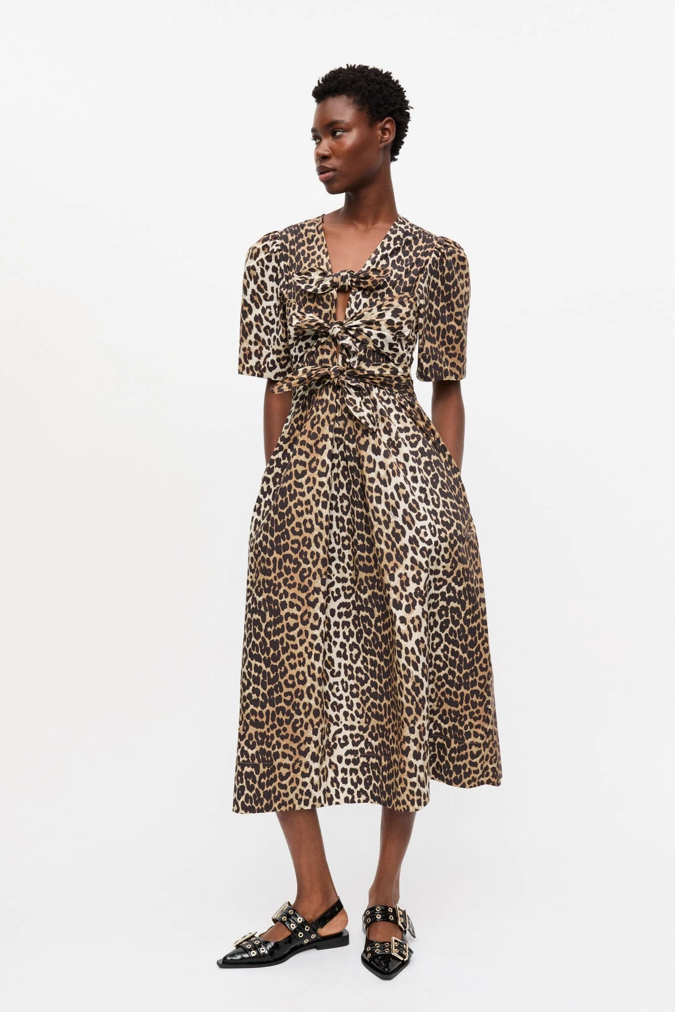 Leopard Printed Cotton Tie Strap Midi Dress Formal Aura Light Elegance