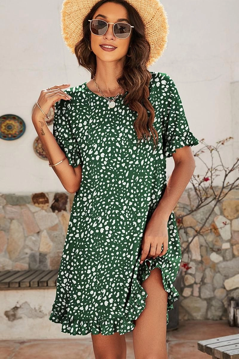 Gentle Flow LEOPARD PRINTING RUFFLED SHORT SLEEVE DRESS