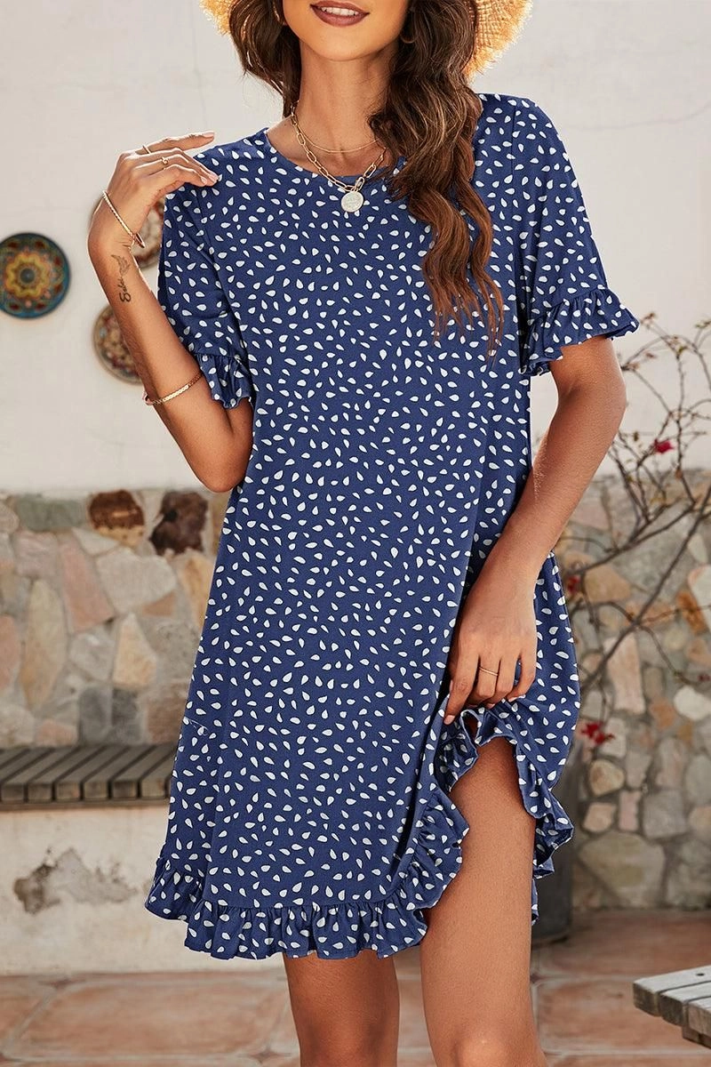 Relaxed Wear LEOPARD PRINTING RUFFLED SHORT SLEEVE DRESS