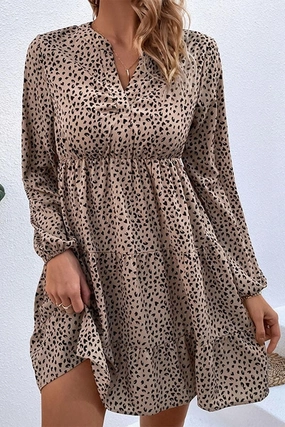 LEOPARD RUFFLE LONG SLEEVE DRESS Casual Style Wear