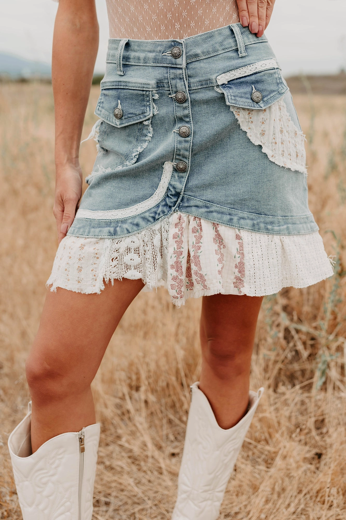 Let's Stick Together Patchwork Mini POL Skirt (Denim) Articulated Knee Shape Loose Textured Travel Outfit