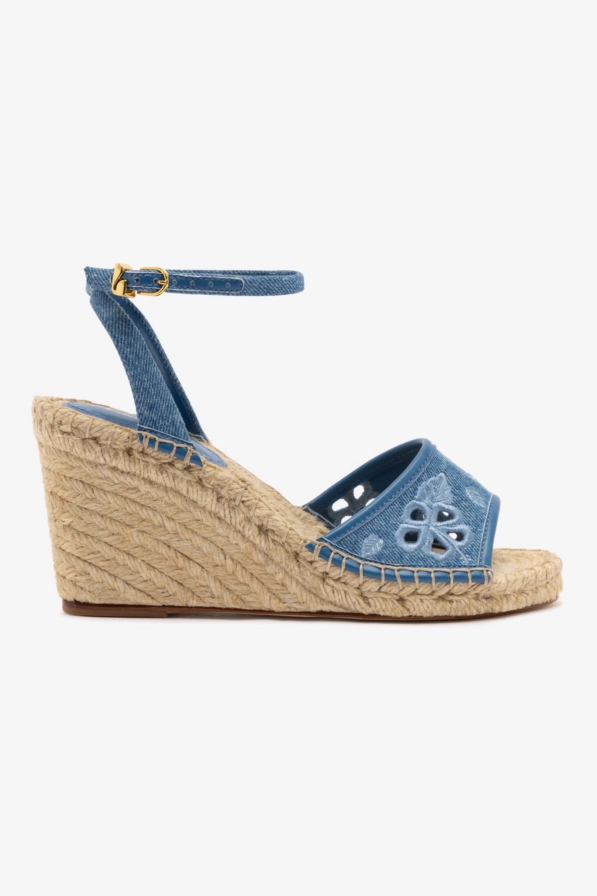 Letizia Espadrille Wedge In Blue Stoned Denim and Hibiscus Broderie footbed cushioning Thermoplastic Elastomer Frame
