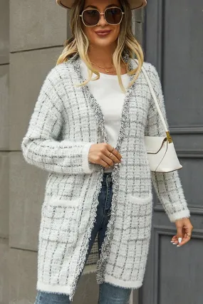 long sleeved DISTRESSED PLAID PATTERN CARDIGAN FOR WOMEN