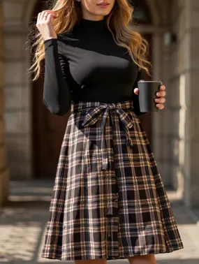 Elegant plaid long dress with stand-up collar Garment Washed Softness