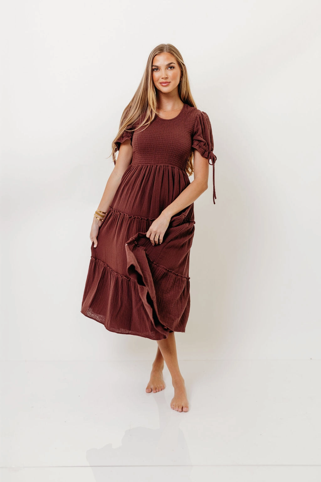 Spring Mood Puff-Sleeve Trisha Cotton Midi Dress in Saddlewood