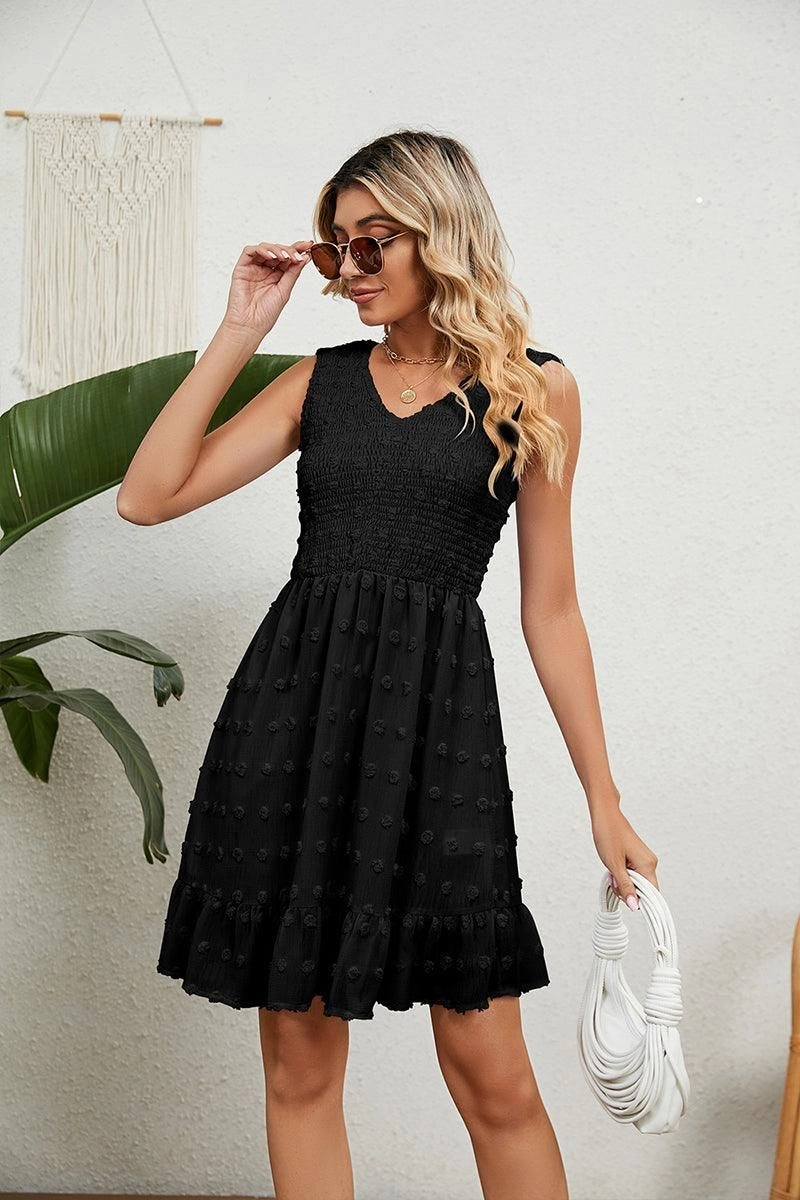 V NECK JACQUARD WEAVE SLEEVELESS DRESS Cozy Comfort