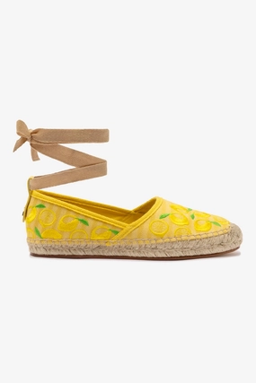Letizia Espadrille Flat In Sunrise Striped Fabric and Sicilian Lemon Embroidery Tree Path
