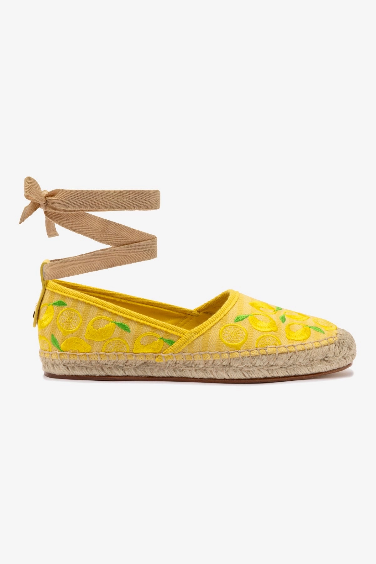Letizia Espadrille Flat In Sunrise Striped Fabric and Sicilian Lemon Embroidery Sand Path