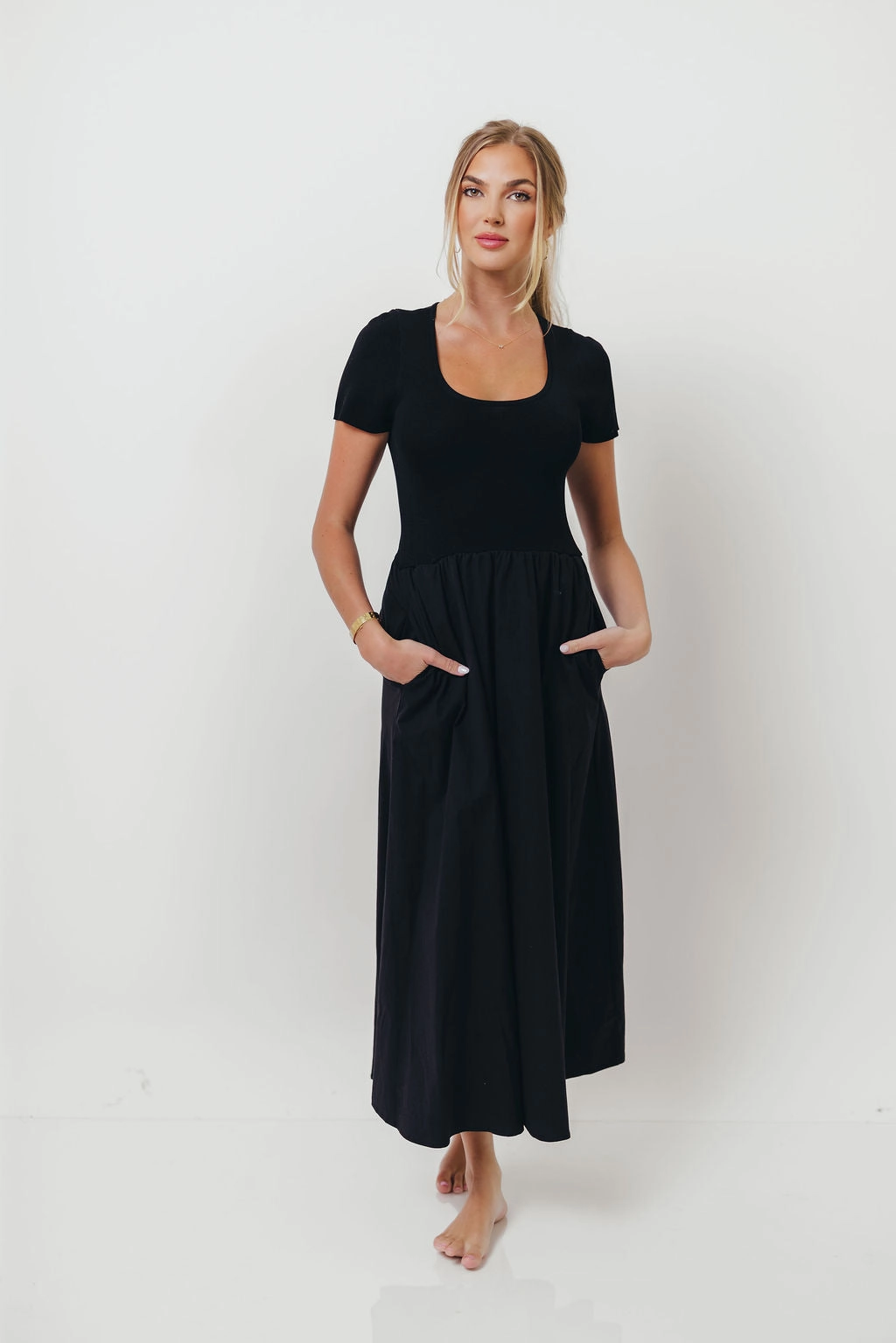 Lynette Maxi Dress in Black Crisp Finish Soft Feel