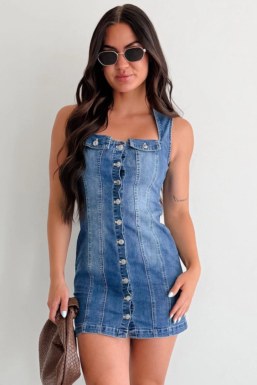 Everyday Style Pre Washed Denim No Bad Days Denim Button Down Mini Dress (Blue)