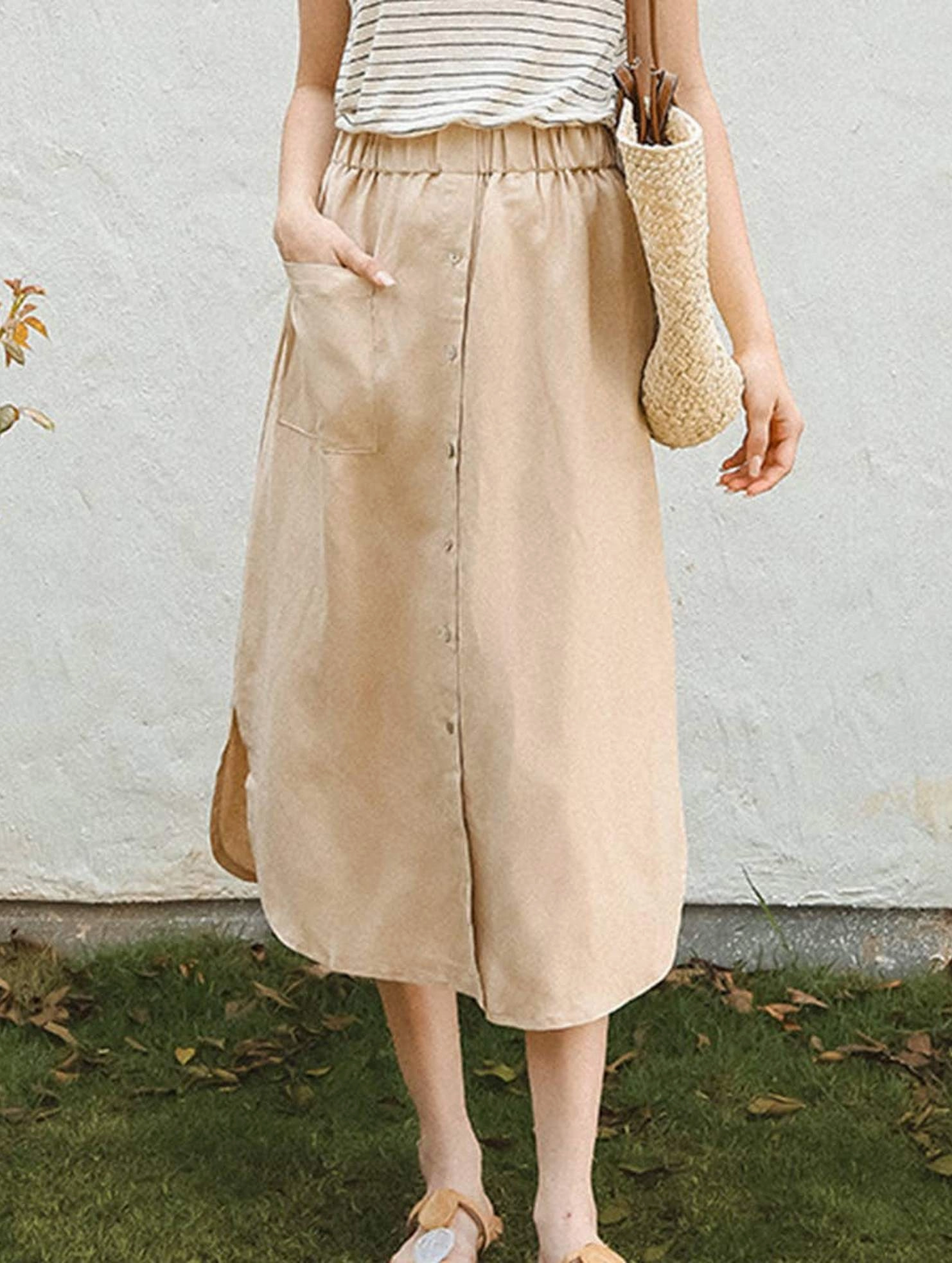 COTTON LINEN BREATHABLE CASUAL SKIRT_CWBLS0194 Style Basic Water Repellent Coating