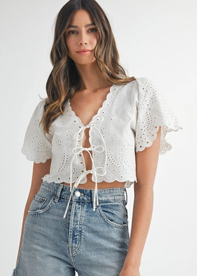 EcoDyeProcess Naomie Embroidered Tie Crop Top - Off-White