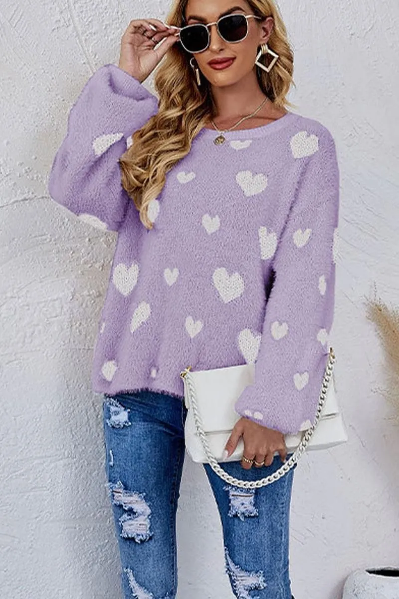 Adjustable Hem WOMEN OVERSIZED HEART PRINTING CUTE KNIT SWEATER