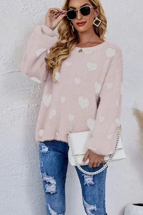 WOMEN OVERSIZED HEART PRINTING CUTE KNIT SWEATER Ultra Soft Handfeel