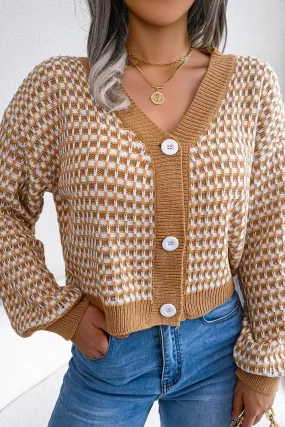 WOMEN PATCHWORK KNIT BIG BUTTON DOWN CARDIGAN Soft Design