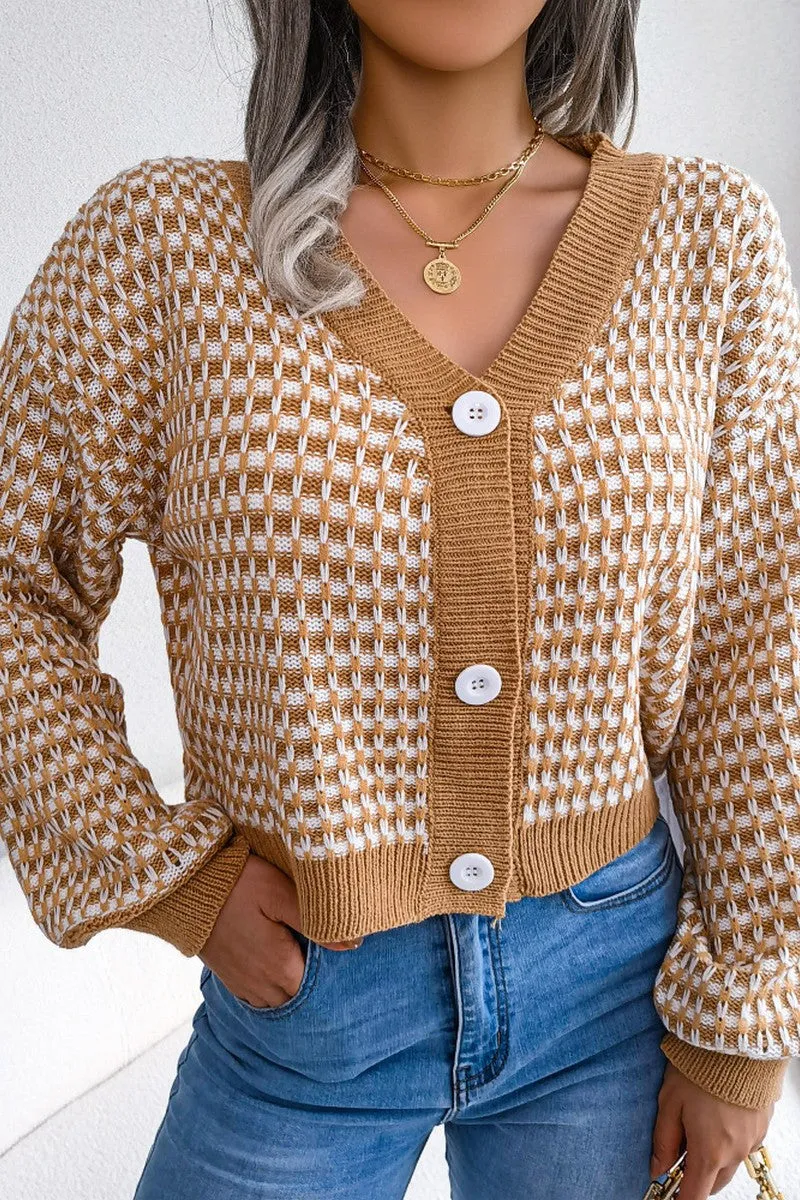 FrictionResistant Edges Classic Cut WOMEN PATCHWORK KNIT BIG BUTTON DOWN CARDIGAN