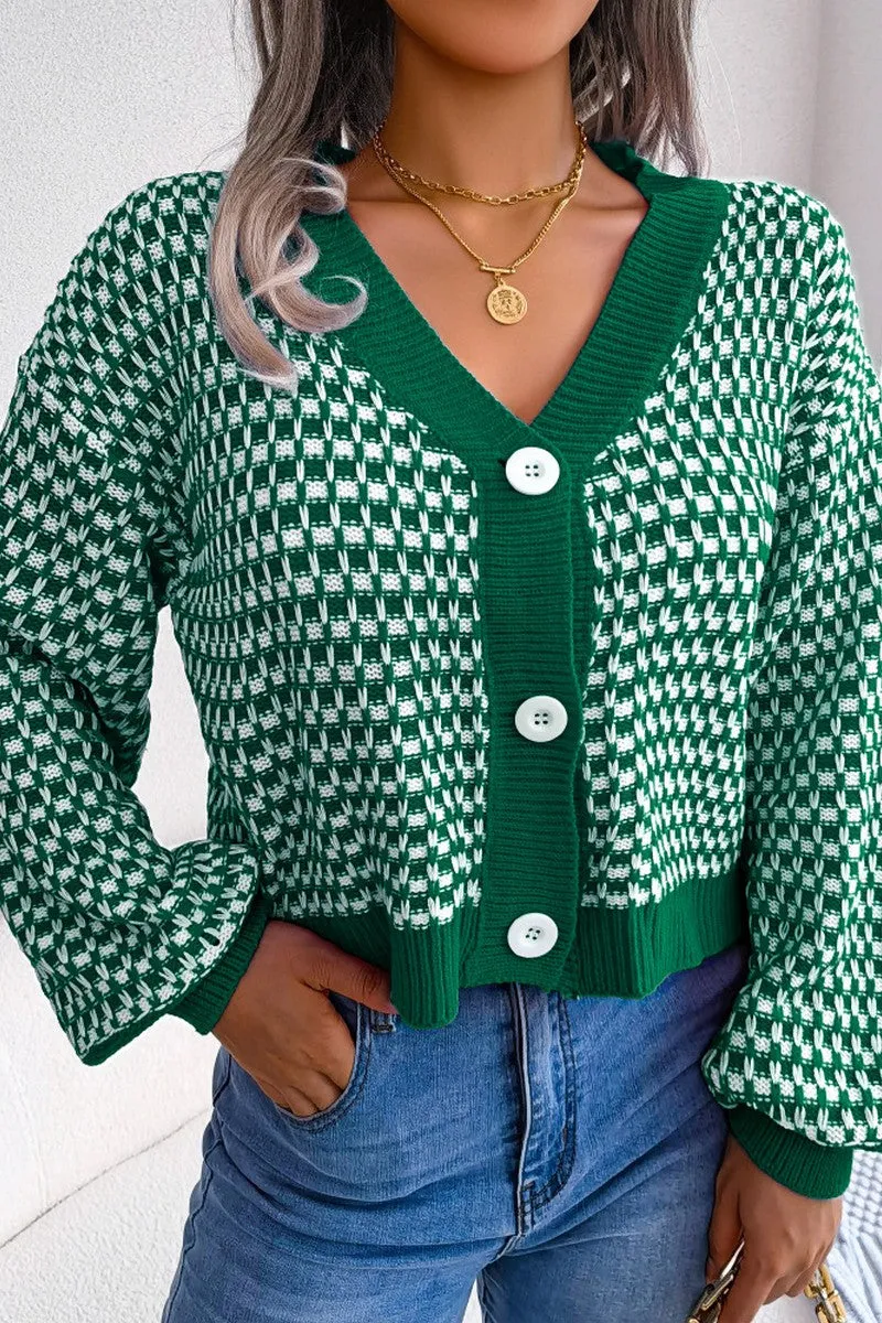 Cozy Fitting Perfect Wear WOMEN PATCHWORK KNIT BIG BUTTON DOWN CARDIGAN