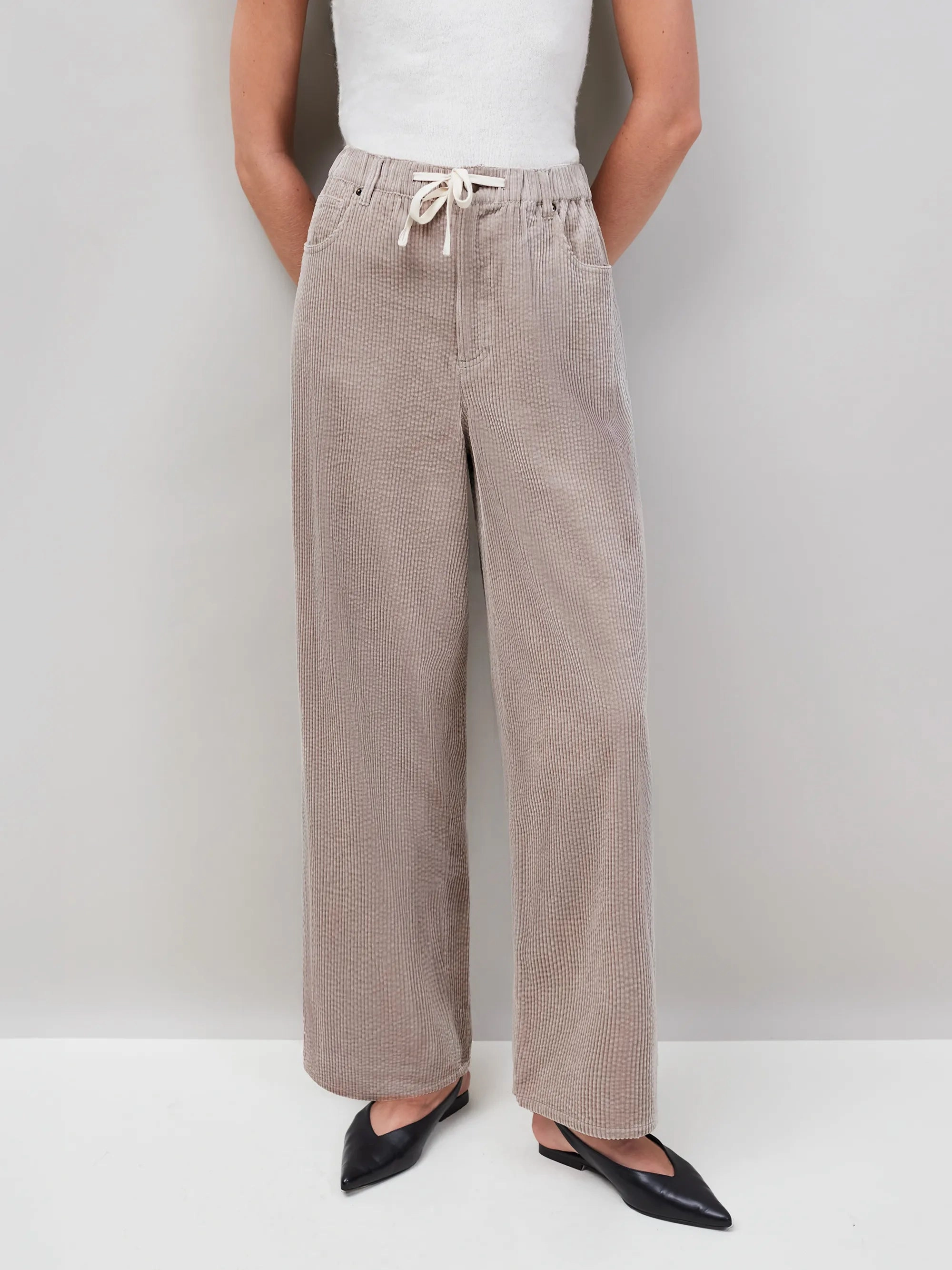 Neutral Tone Stitching SoftLining Cappuccino Cord Drawstring Waist Trousers