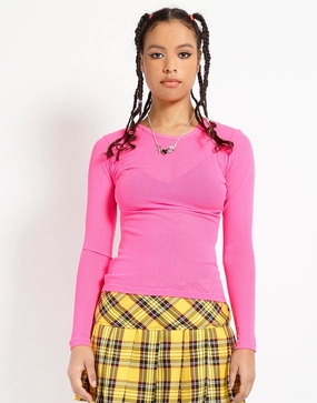 Button Down Collar LADIES LONG SLEEVE FISHNET PINK