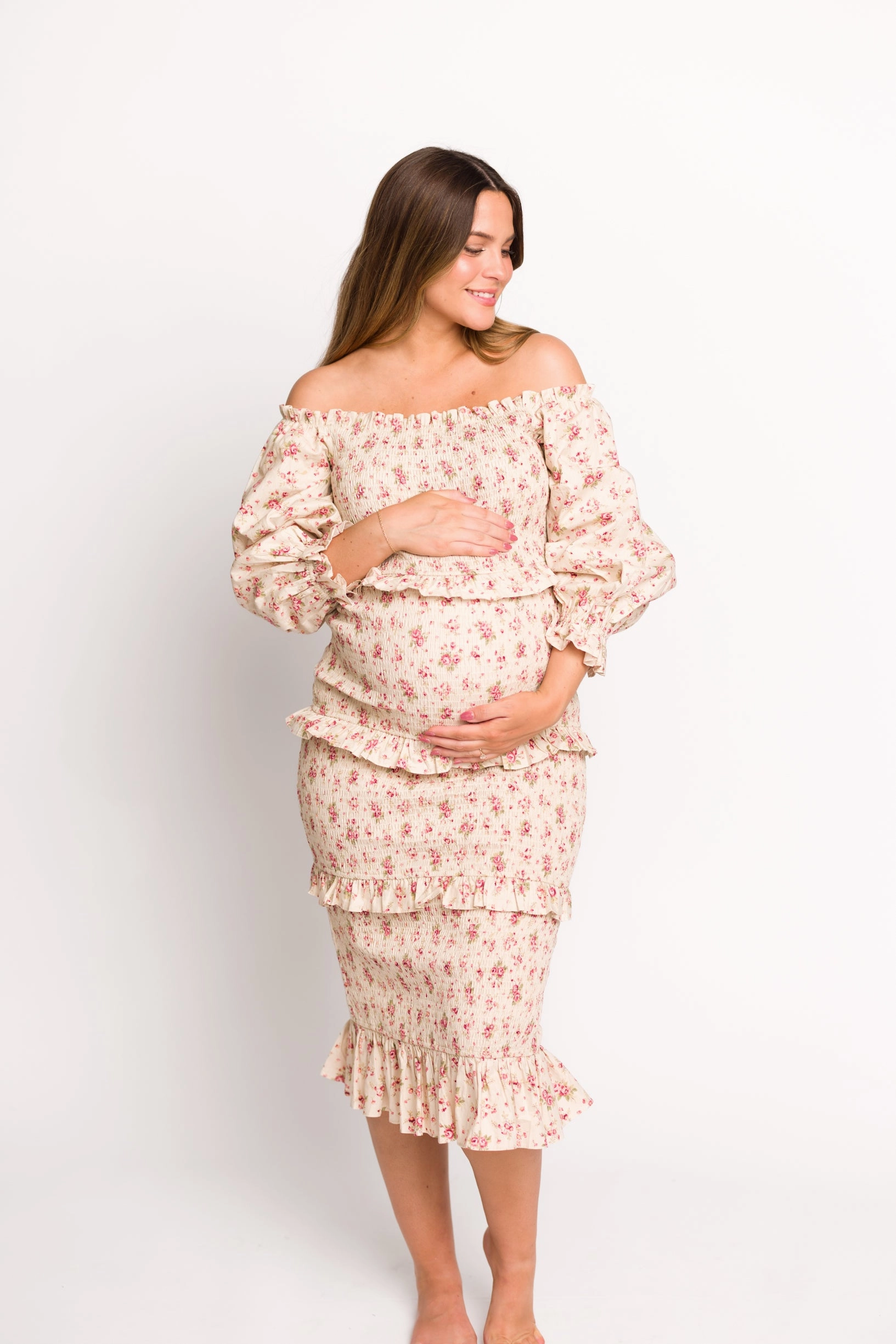 Daily Form Lila Floral Printed Smocked Midi Dress in Pink - Bump Friendly *Final-Sale*