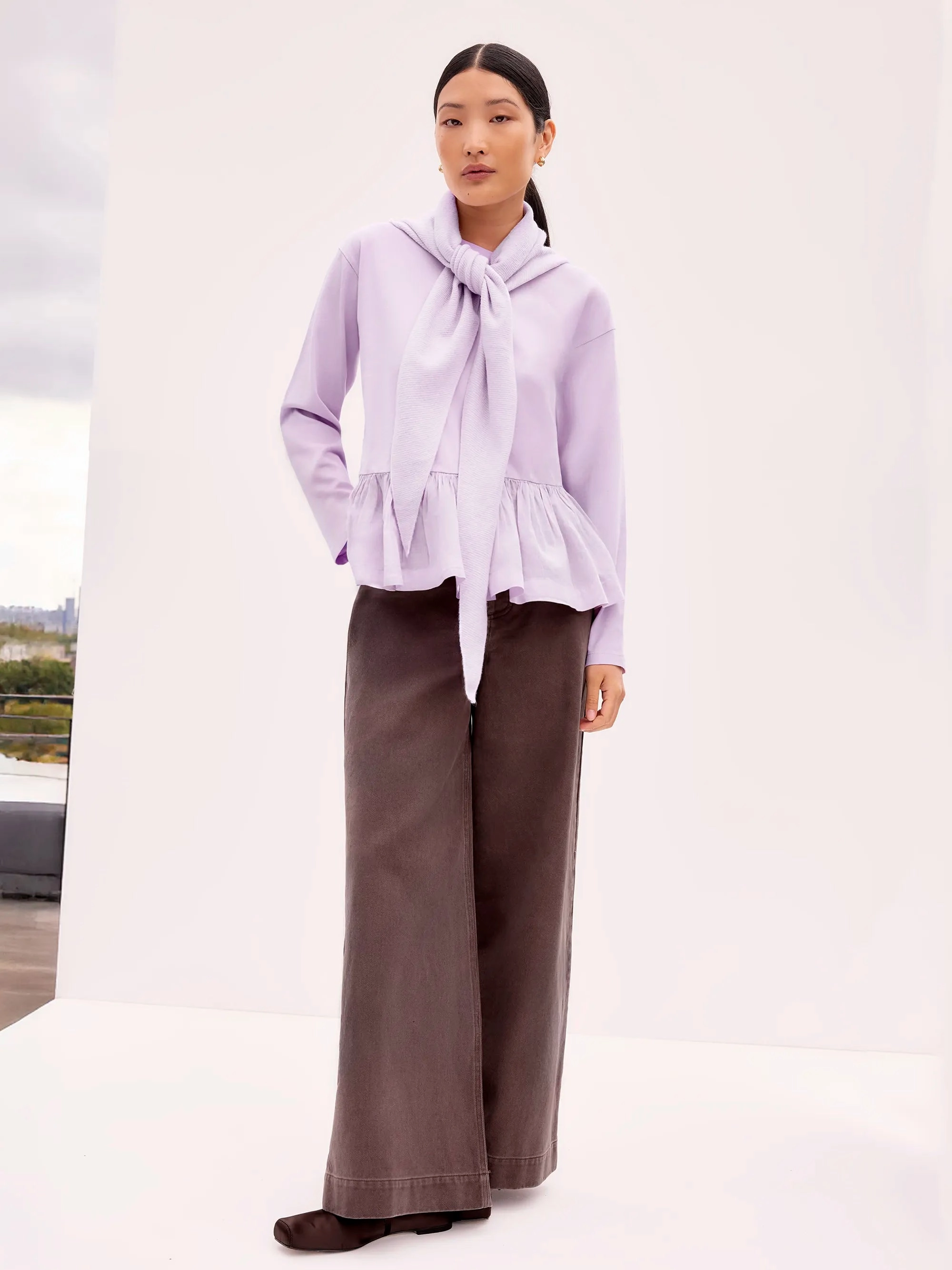 Lilac Peplum-Hem Long-Sleeved Organic Cotton T-Shirt CompressionTechnology