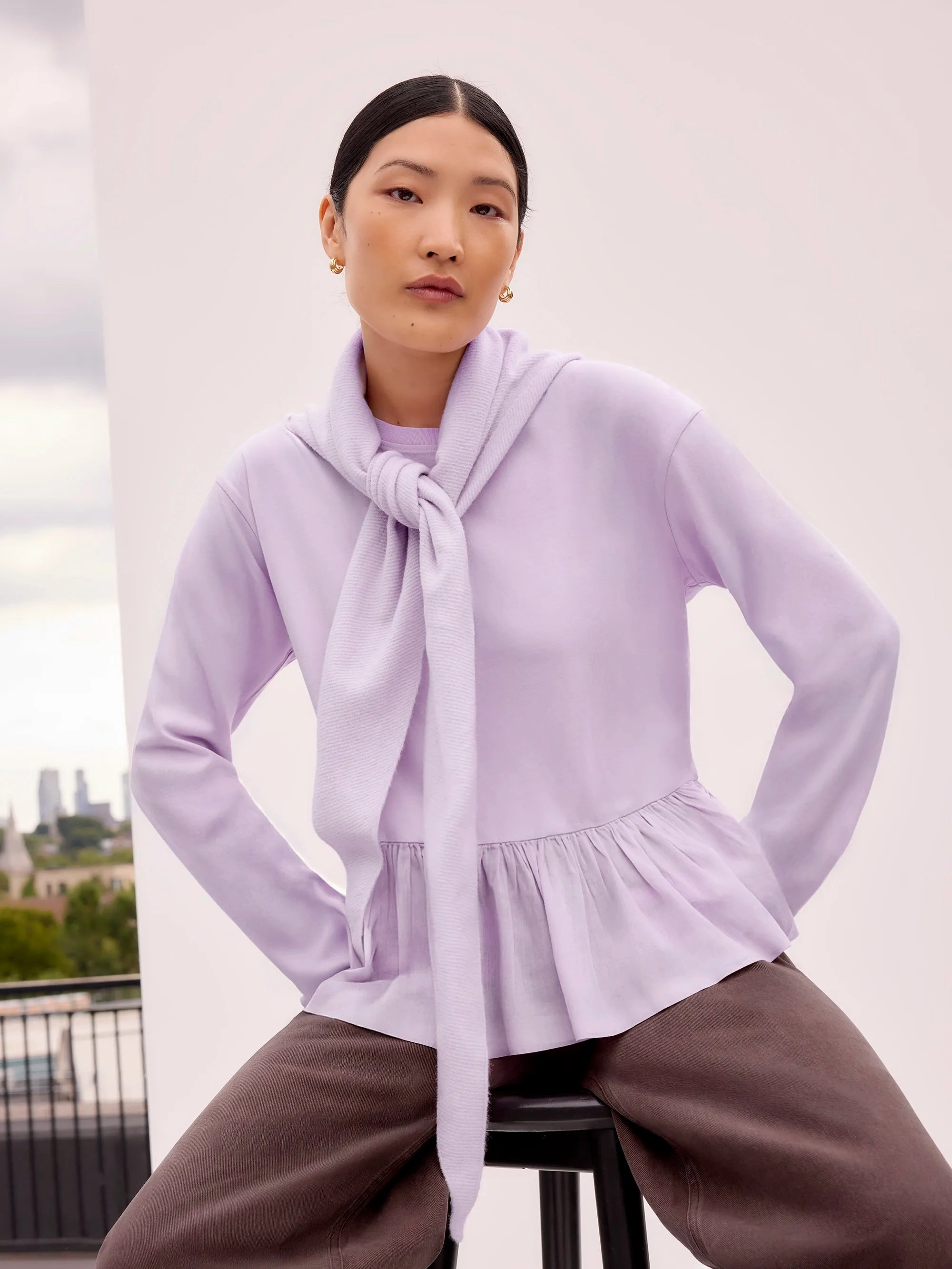 Silicone Print Detail Flexible Neckline Lilac Peplum-Hem Long-Sleeved Organic Cotton T-Shirt