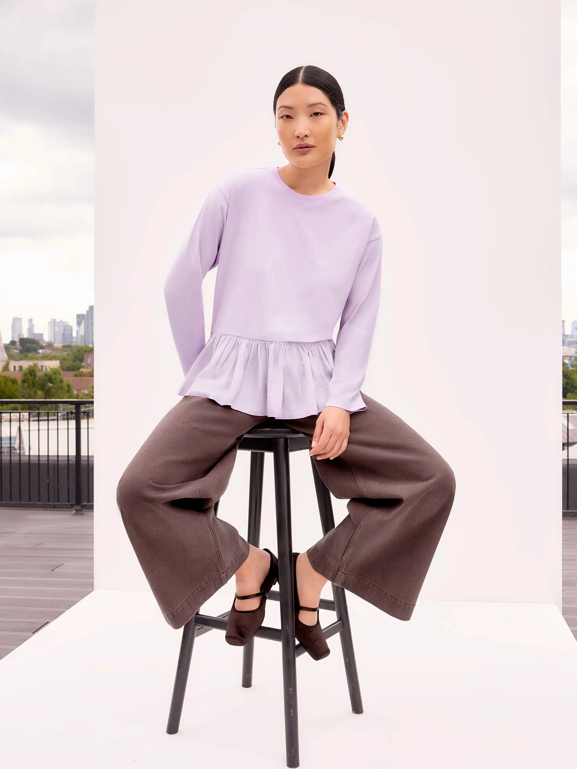 Lilac Peplum-Hem Long-Sleeved Organic Cotton T-Shirt MultiPanel Design