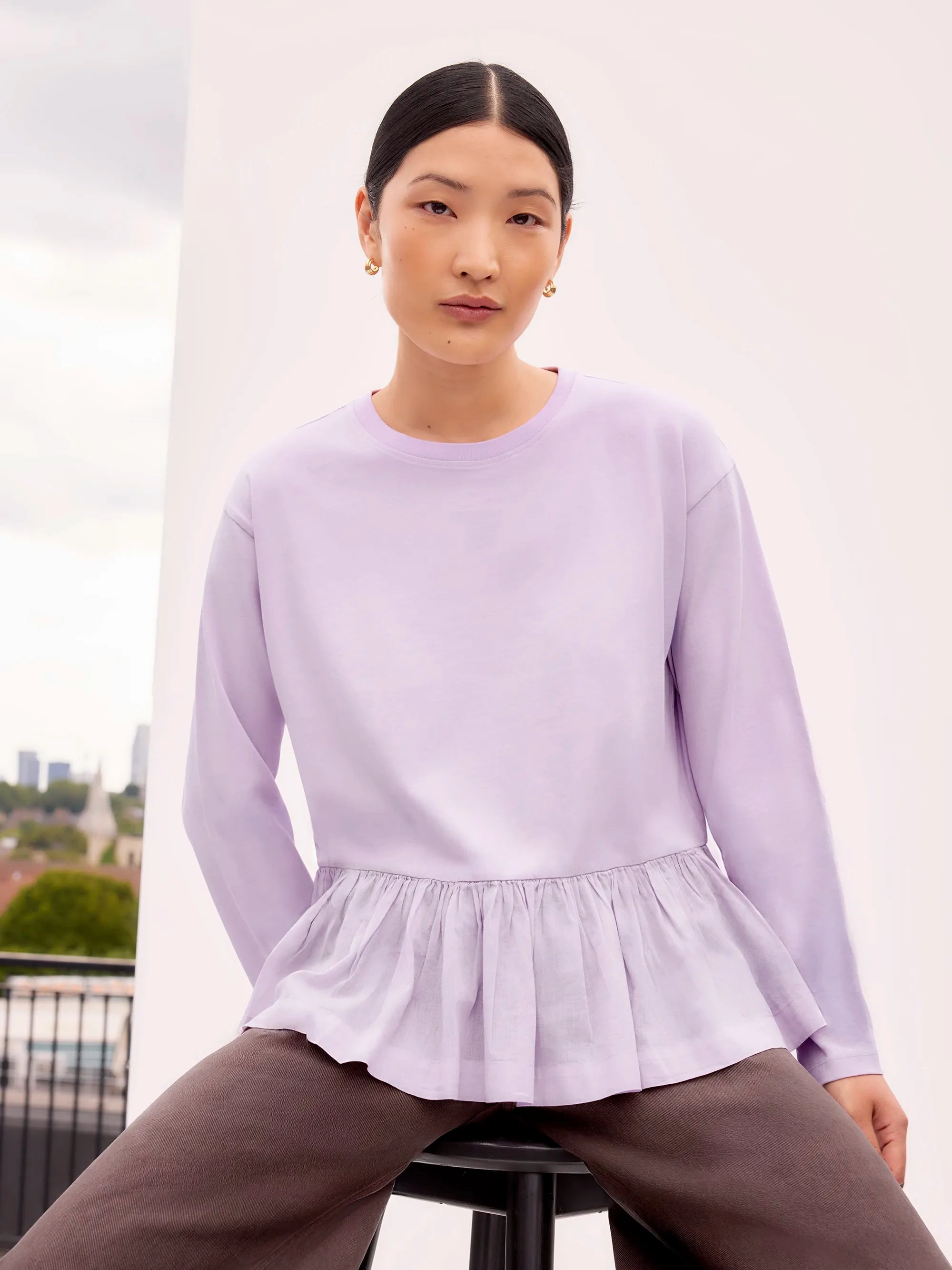 Lilac Peplum-Hem Long-Sleeved Organic Cotton T-Shirt Buttonless Closure
