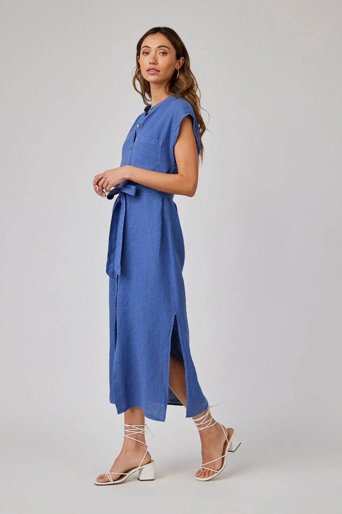 Fit Mood Linen Cap Sleeve Button Front Midi Dress