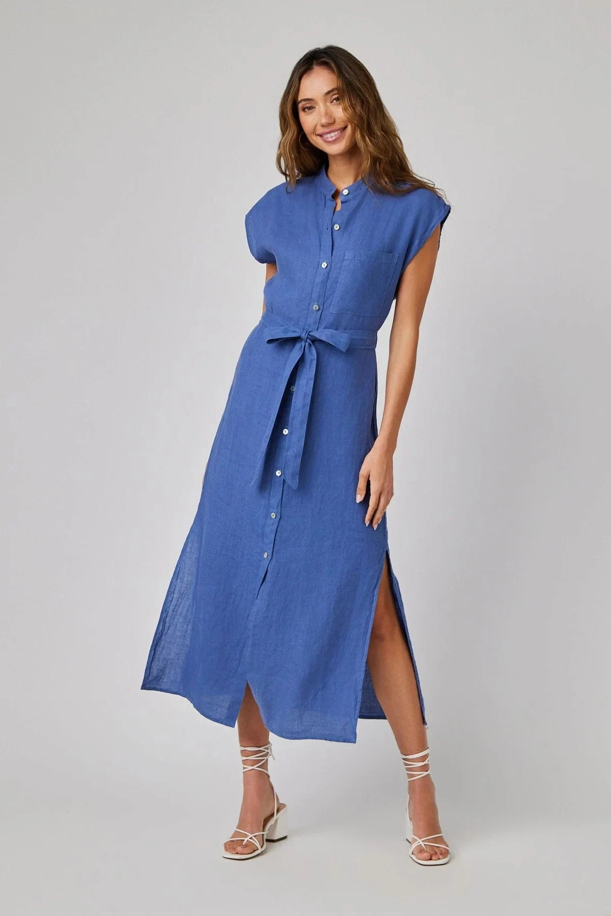 Pure Stitch Linen Cap Sleeve Button Front Midi Dress