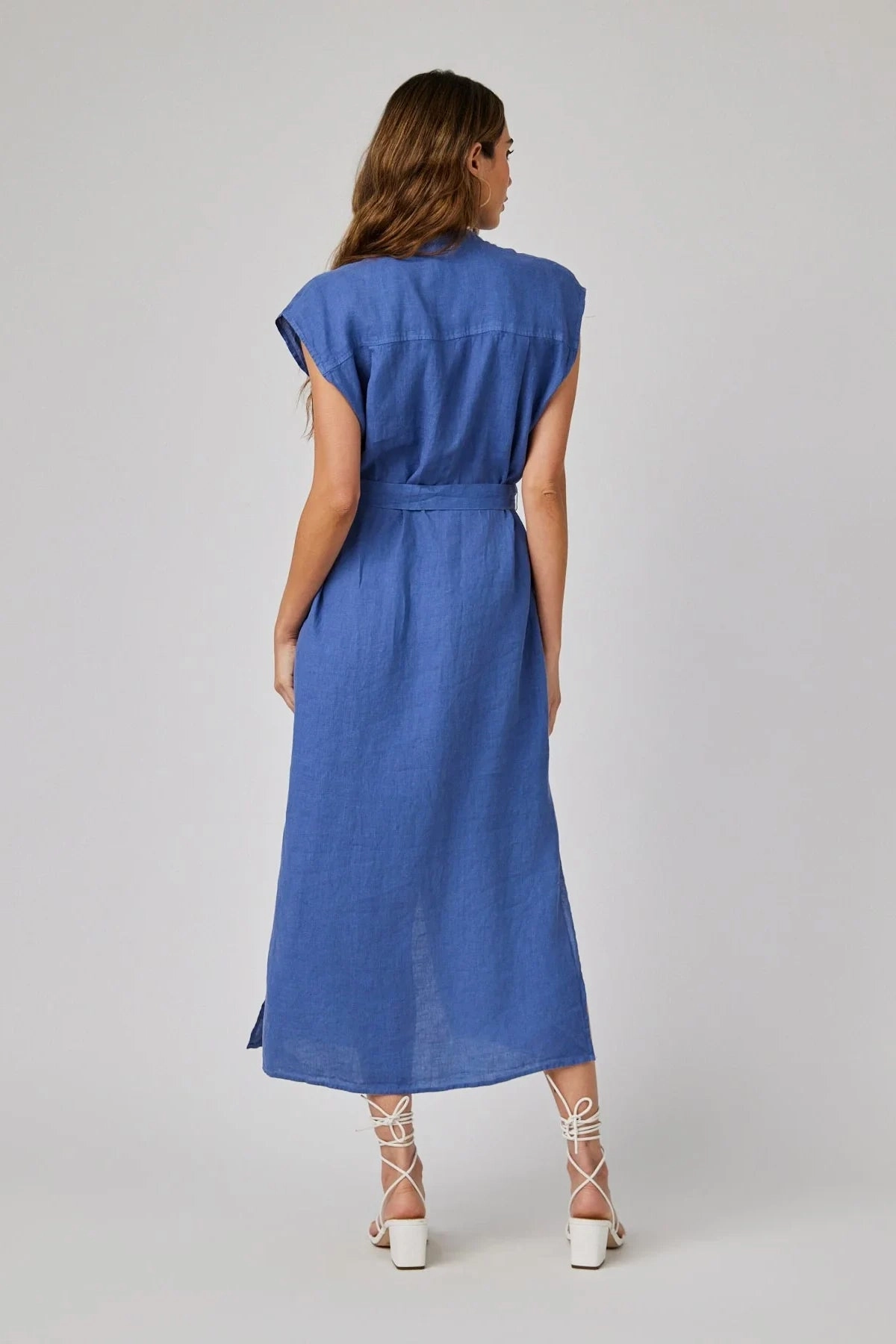 foldable Wrap Charm Linen Cap Sleeve Button Front Midi Dress