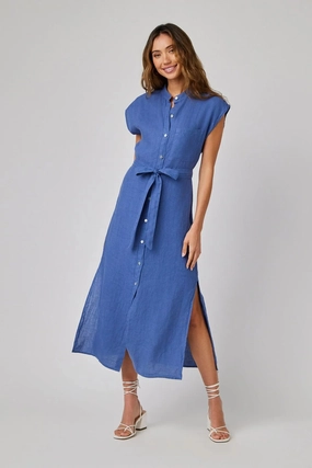 Pure Stitch Linen Cap Sleeve Button Front Midi Dress