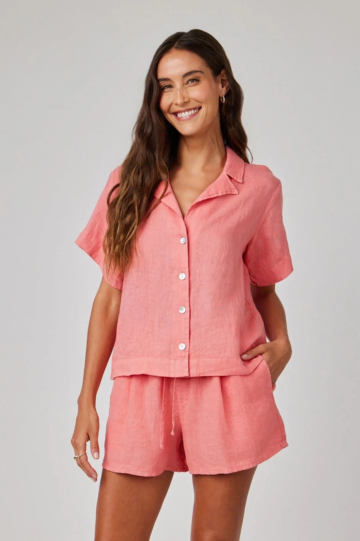 Linen Short Sleeve Flowy Button Down BreathableMesh