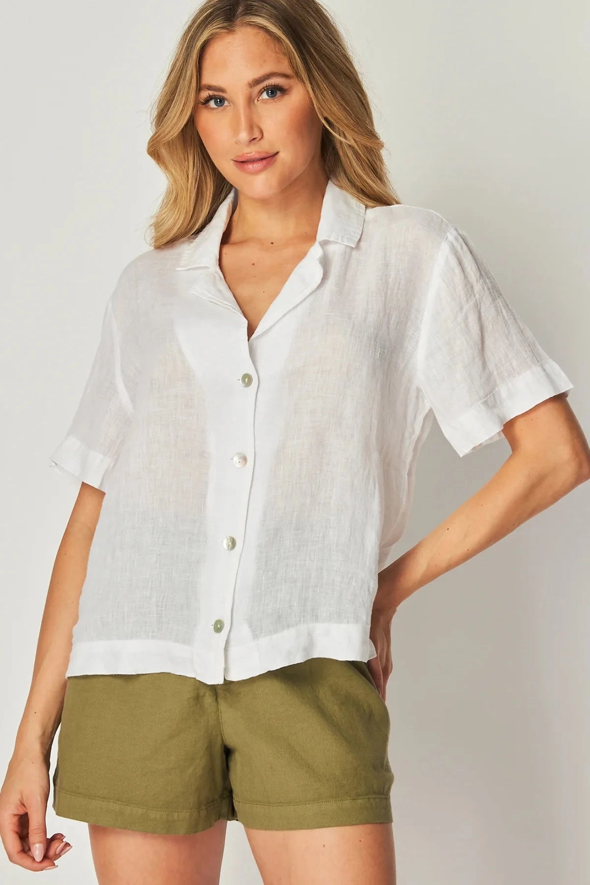 Linen Short Sleeve Flowy Button Down OrganicCottonBlend
