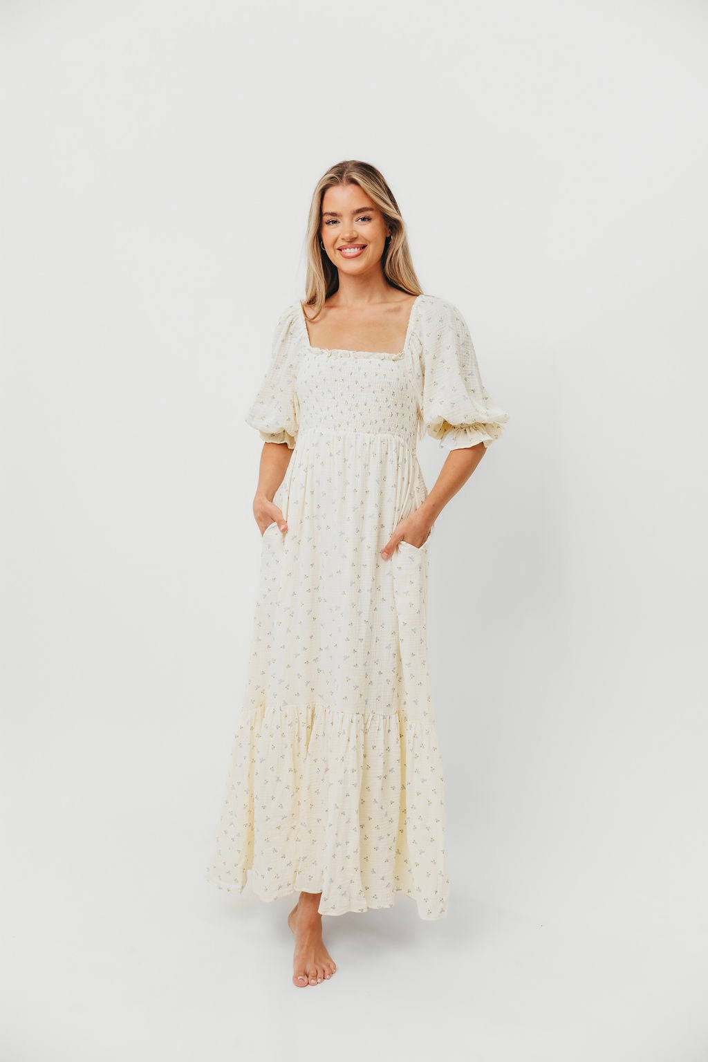 Cool Finish Livvy 100% Cotton Maxi Dress in Petite Blue Floral -Bump Friendly & Inclusive Sizing