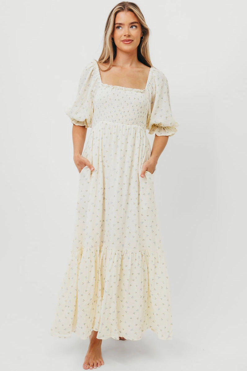 Livvy 100% Cotton Maxi Dress in Petite Blue Floral -Bump Friendly & Inclusive Sizing Layered Movement Romantic Vibes