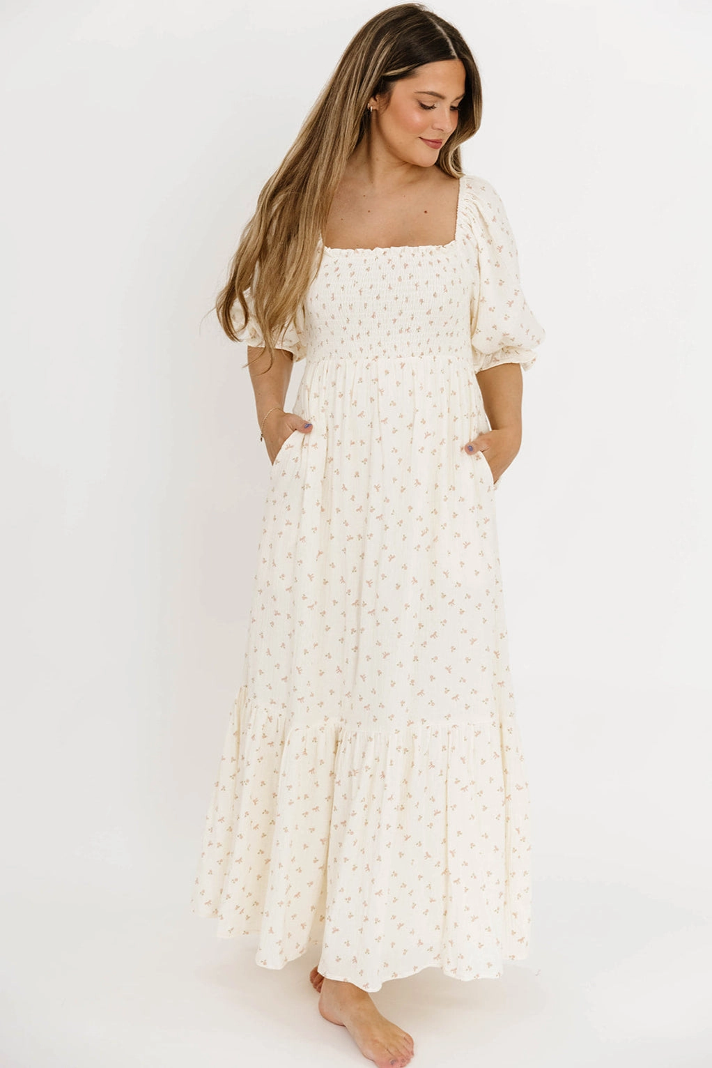 Side Pleats Livvy 100% Cotton Maxi Dress in Petite Pink Floral - Bump Friendly & Inclusive Sizing