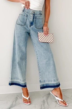 Modern Youth Style Party Look Lola Dyed Hem Wide Leg Crop Jeans (Denim)
