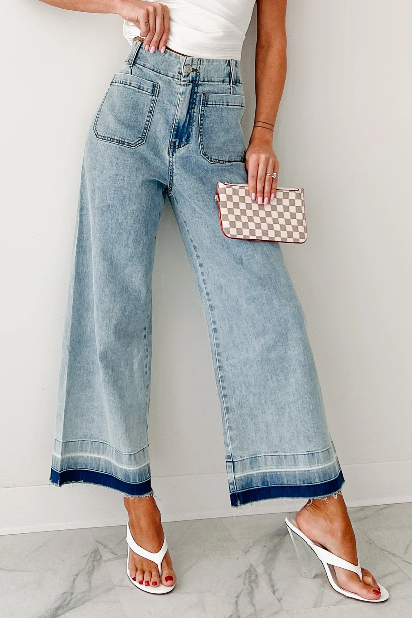 Subtle Texture Lola Dyed Hem Wide Leg Crop Jeans (Denim)