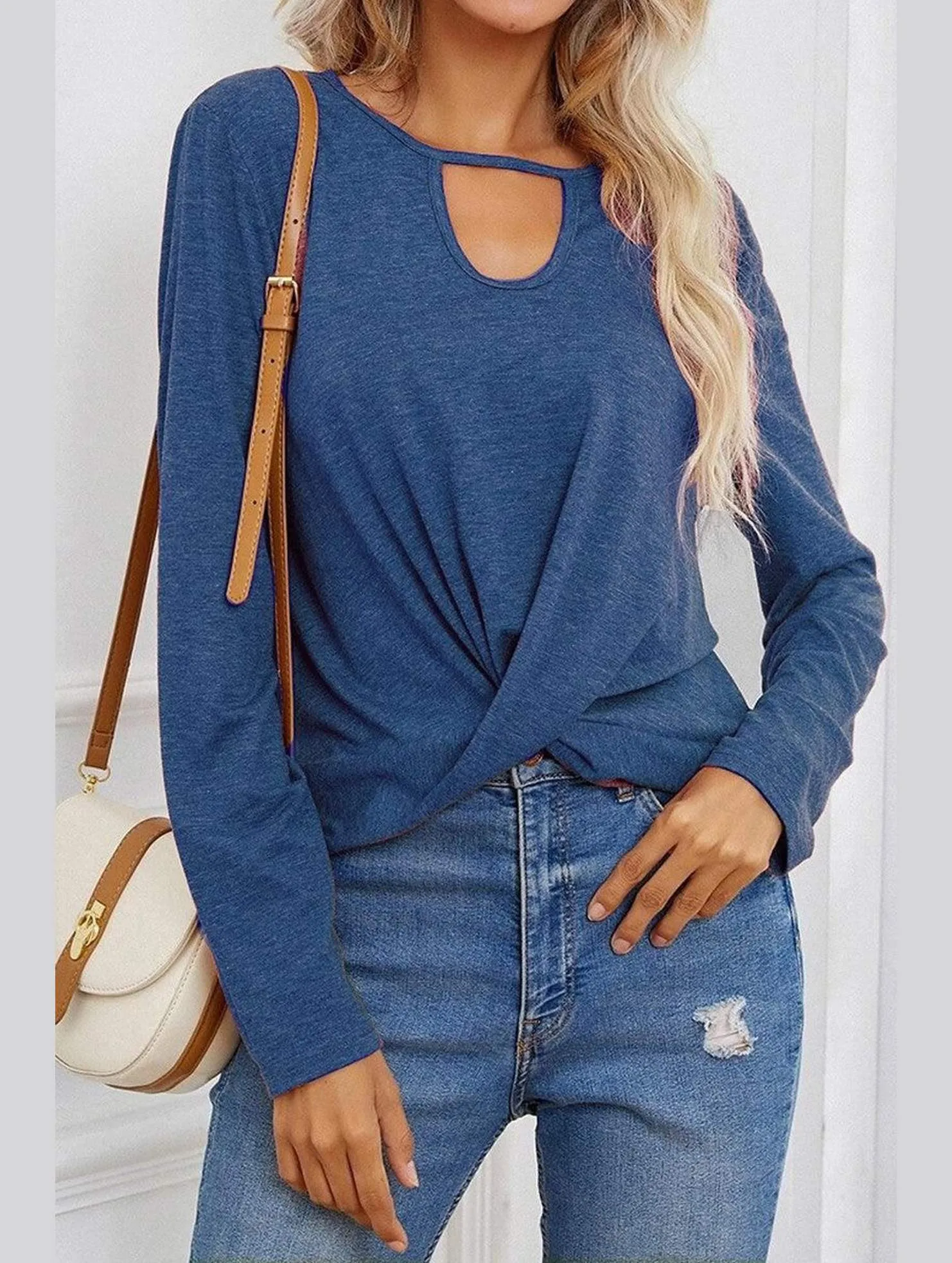 Long Sleeve Key Hole Neck Twisted Hem Casual Top LowMaintenance