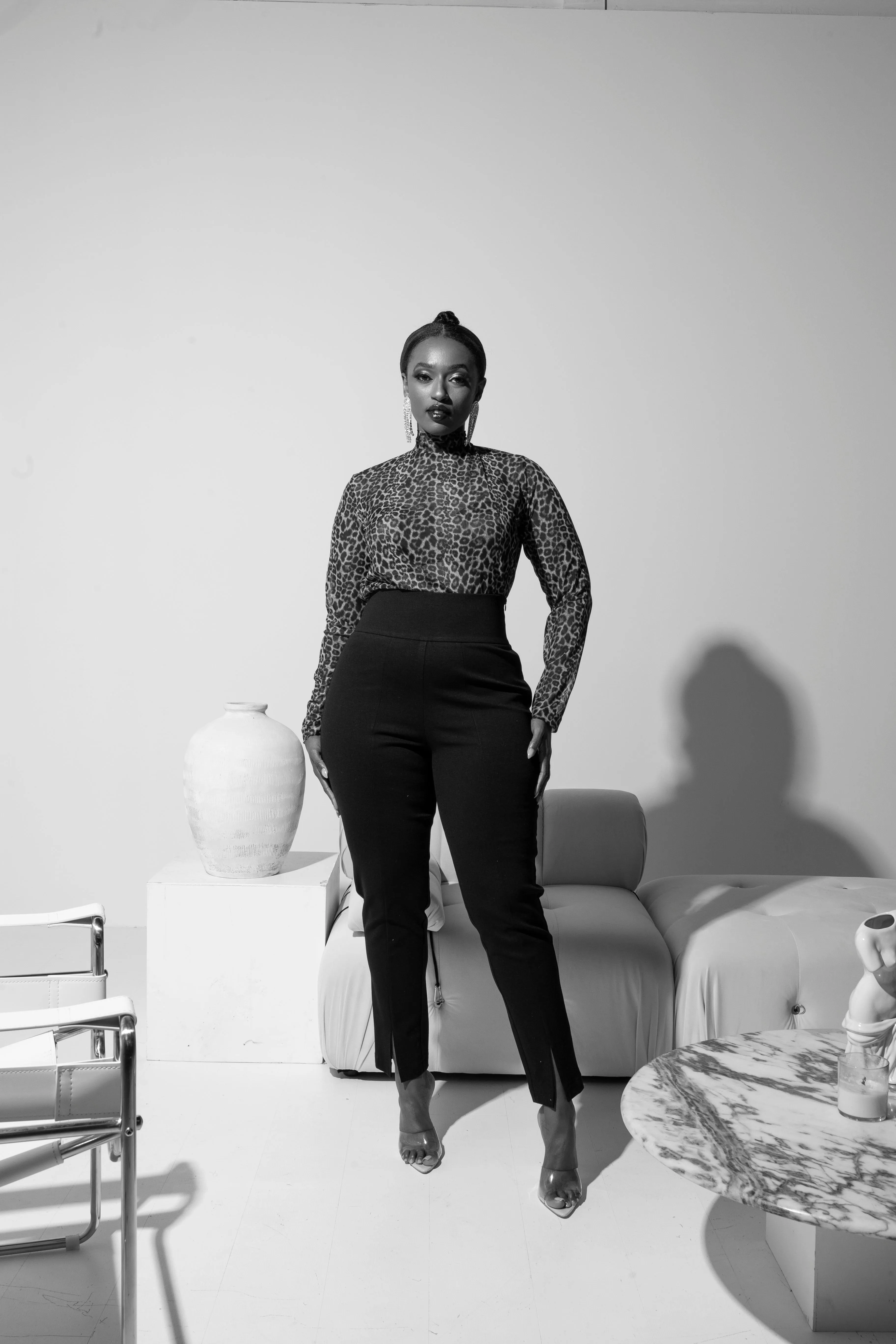 Long Sleeve Leopard TNeck-JIBRI Stain Resistant Treatment RibbedHemline