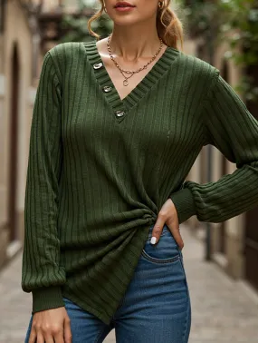 LONG SLEEVE SOLID COLOR SWEATER V-NECK TEXTURE Anti-pilling