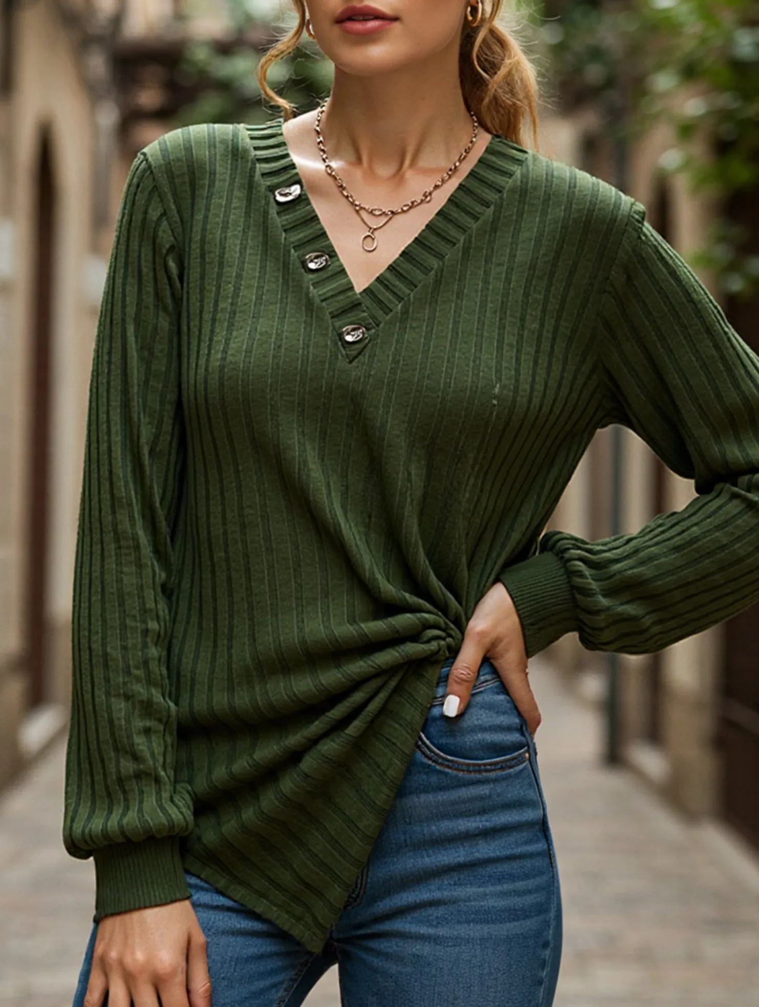 LONG SLEEVE SOLID COLOR SWEATER V-NECK TEXTURE Anti-pilling