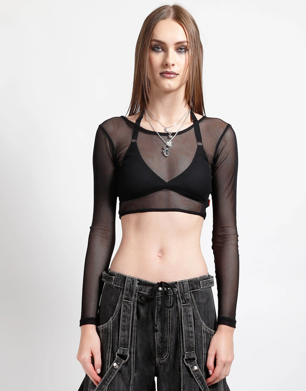 LONG SLEEVE CROP FISHNET BLACK DoubleLayeredCollar