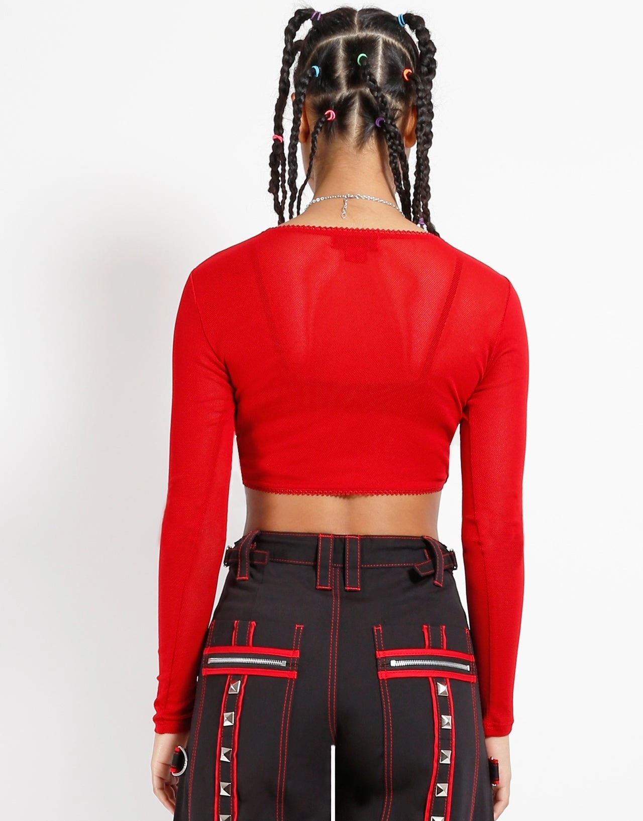 Contrast Stitch Accent TumbleDryFriendlyMaterial LONG SLEEVE CROP FISHNET RED