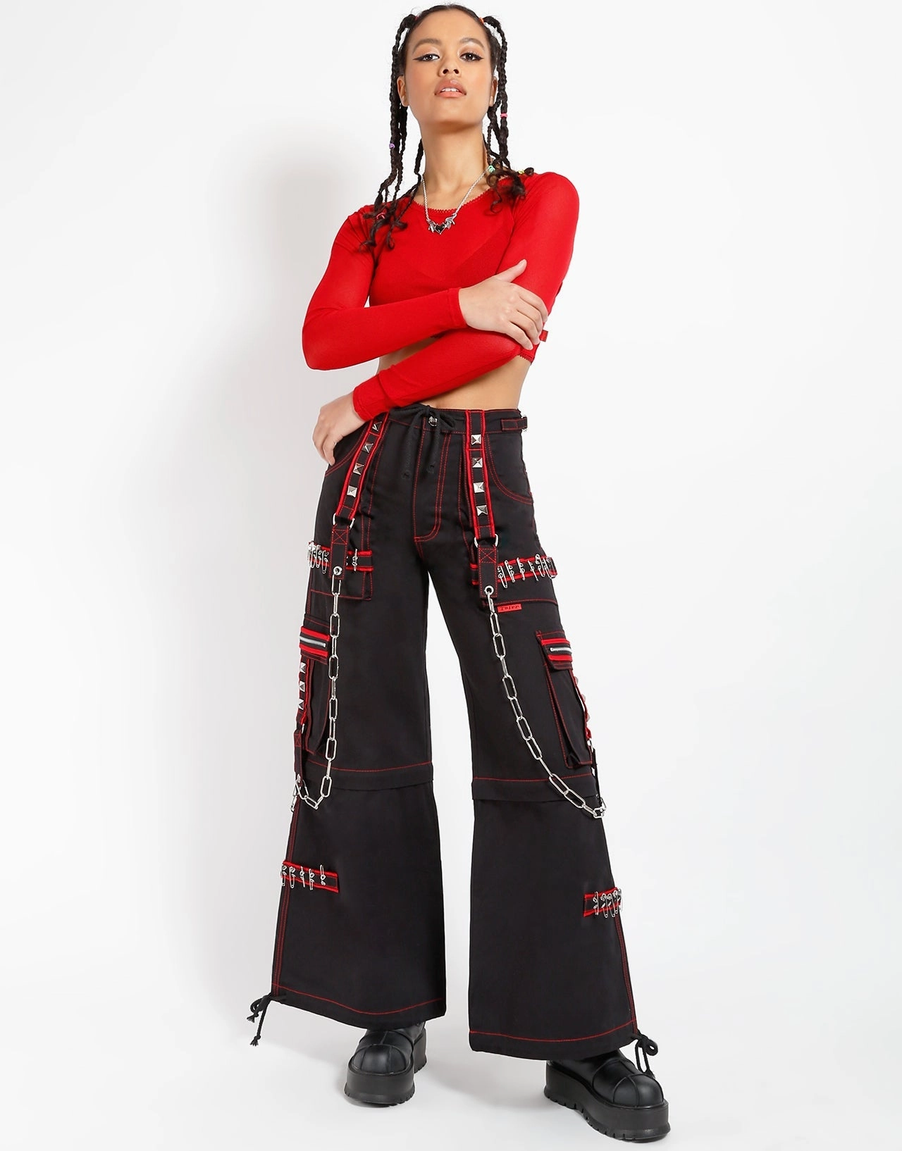 LONG SLEEVE CROP FISHNET RED Casual Tee Ribbed Neckline