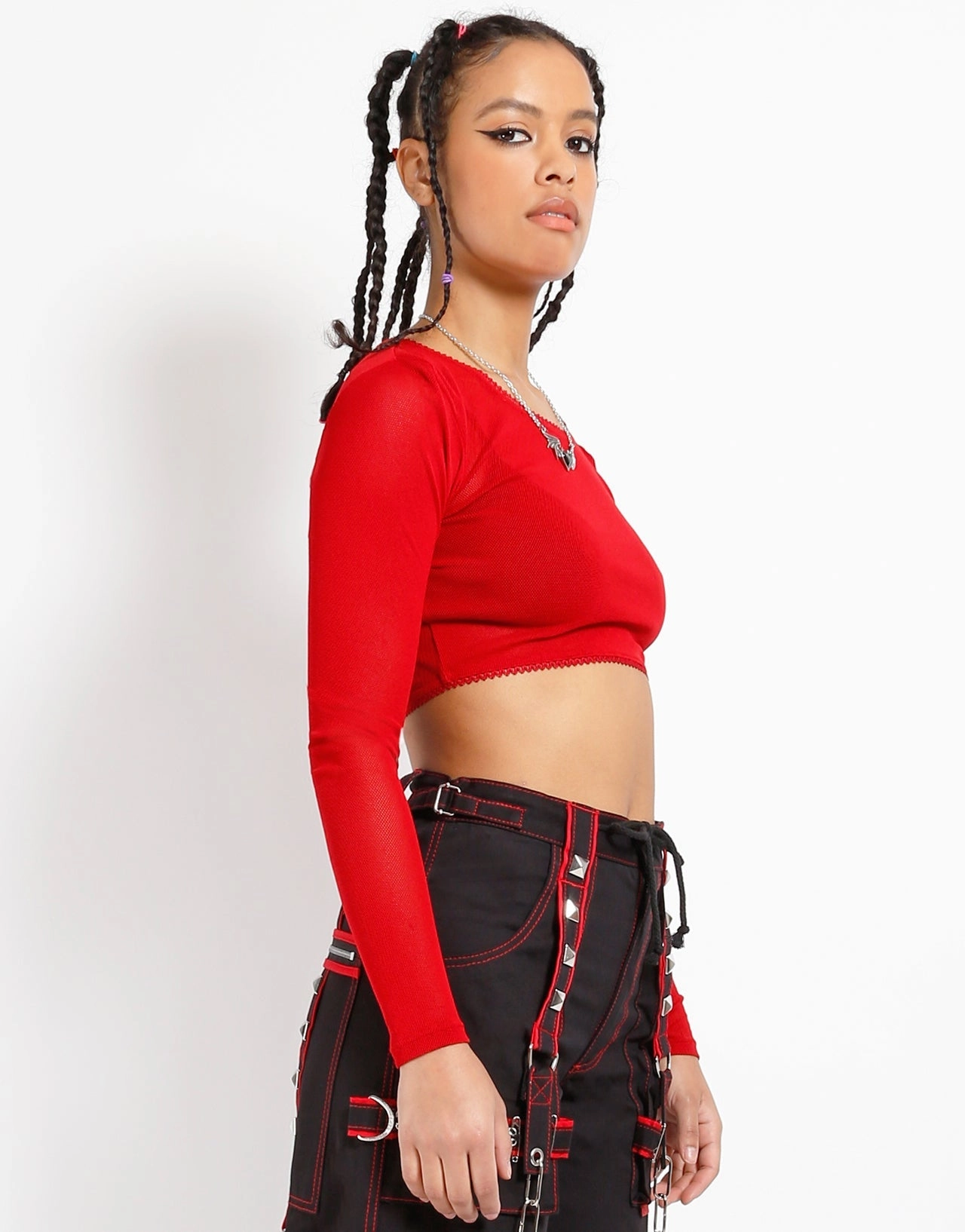 NonIrritating Stitching Torsion Support Structure LONG SLEEVE CROP FISHNET RED