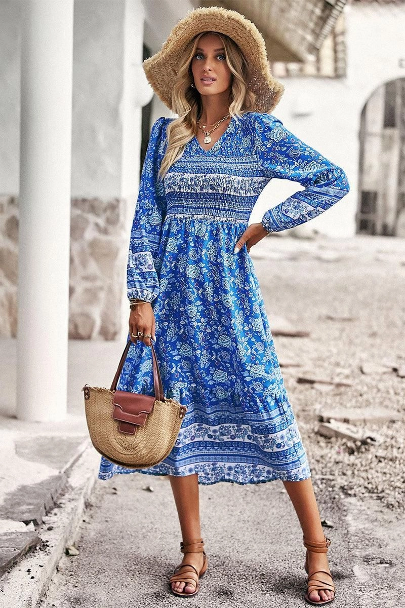 LONG SLEEVE SMOKED BOHEMIAN FLARE DRESS Elegant Layering