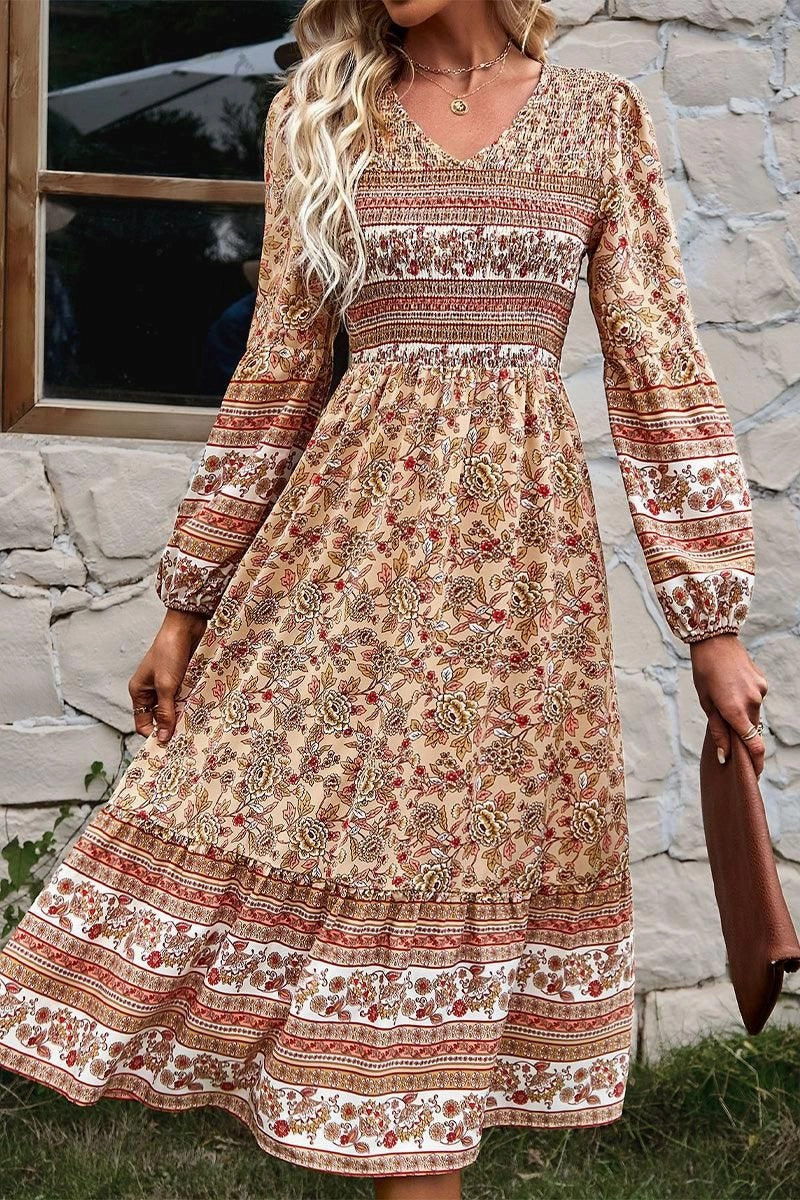 LONG SLEEVE SMOKED BOHEMIAN FLARE DRESS Joy Glow