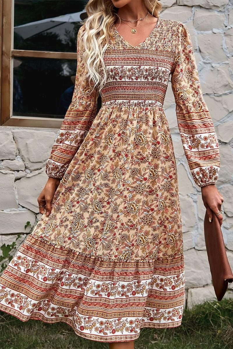 Comfortable Layer Summer Friendly LONG SLEEVE SMOKED BOHEMIAN FLARE DRESS
